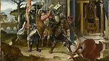 Peinture représentant Héraclius décapitant Khosro à genoux