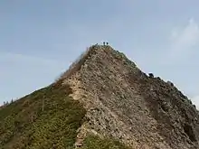 Photo couleur d'un pic de montagne sous un ciel bleu. Des affleurements rocheux à droite, de la végétation forestière à gauche.