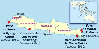 Carte de Java avec emplacement des parcs où le Tigre de Java vit encore dans les années 1960.