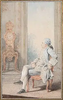 Carmontelle, Jean-Benjamin de La Borde (1734-1794) devant l'horloge astronomique de Claude-Siméon Passemant, 1762.