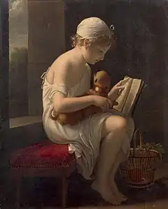 Une petite fille voulant apprendre à lire à un chien, Salon de 1799.