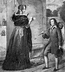 Gravure. Devant une maison, une femme élégante sourit à un jeune homme pauvrement vêtu, un baluchon à l'épaule.