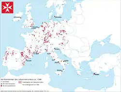 Commanderies hospitalières vers 1300.