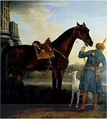 Peinture montrant un cheval marron foncé tenu par un homme