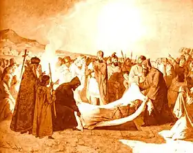 Tableau. Des hommes autour du défunt, qu'ils soulèvent dans un drap.