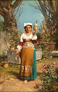 Italienisches Mädchen mit Spinnrocken.