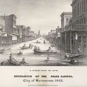Lithographie de la rue K à  Sacramento, Californie, lors de l'inondation de 1862.
