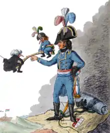 Dessin représentant un homme avec une tenue bleu, une écharpe bleu-blanc-rouge nouée au niveau de la taille, en train de faire balancer deux petites figures (l'un avec une perruque, l'autre avec un bicorne) sur son index droite.