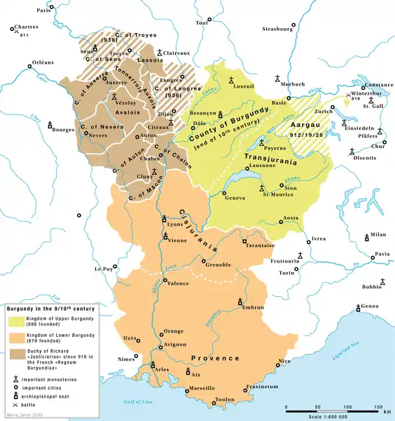 Le duché de Bourgogne (en marron) et le royaume de Haute Bourgogne (en vert) dans la Bourgogne du Xe siècle