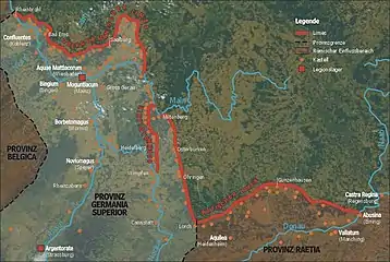 Carte du limes germanique, matérialisant la frontière de la province romaine de Rhétie-Vindélicie.