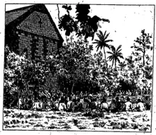 Dessin représentant un groupe de personnages assis dans l'herbe, face à une église.