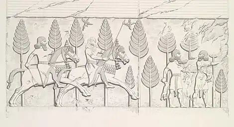 Scène de chasse : deux cavaliers galopant au milieu des arbres et deux hommes à pied, dont l'un tient un lièvre, et l'autre un oiseau. Copie d'un bas-relief de Dur-Sharrukin par Eugène Flandin.