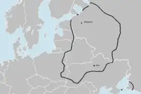 Limites géographiques de la Ruthénie, associées à la Rus' de Kiev au XIe siècle.