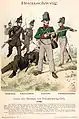 La Schwarze Schar brunswickoise, à gauche et derrière les soldats dans la version originale de type Litewka (de) de la jupe de polo, 1809
