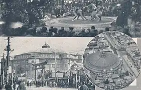 Assemblage de trois photos. Dans l'une d'elles deux luteurs de sumo se font face, prêts à combattre, entourés d'une foule conséquente. Dans une autre, un bâtiment de forme cyclindrique domine la ville dans laquelle il s'inscrit. Dans une troisième, le même bâtiment est vu du ciel, et l'on distingue son toit, parfaitement rond.