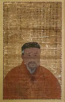 Peinture d'un homme en costume et portant un chapeau. Le portrait est surmonté d'un lon texte qui occupe la moitié supérieure de la peinture.