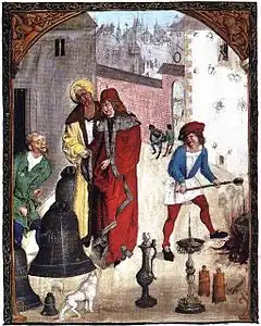 Le maître saintier était un fondeur de cloches itinérantalors que la maître campanier, établi dans un lieu fixe, possédait son propre four (Codex de Balthasar Behem).