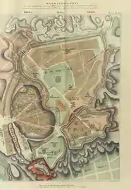 1864. Plan de Pechersk en 1240, 1800 et 1864. Reconstitution par Nikolaï Zakrevsky dans la Description de Kiev ("Описание Киева"), Moscou, 1868.