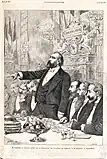 Gambetta prononçant un discours au banquet offert par la corporation des voyageurs de commerce, le 24 décembre 1878. Gravure de Charles Gillot d'après Adrien Marie, L'Illustration, 4 janvier 1879.