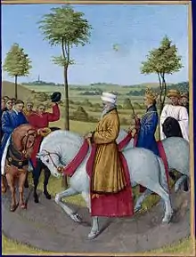 Miniature montrant un homme portant une barbe blanche sur un cheval blanc