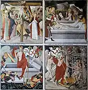 Scènes 22 et 23, au registre supérieur (La descente de la Croix, La mise au tombeau), scènes 24 et 25, au registre inférieur (La Résurrection du Christ, La descente aux Enfers).