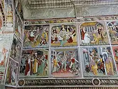 Mur de droite, les scènes 1 à 3, au registre supérieur (Entrée à Jérusalem, La Cène, Lavement des pieds des disciples), et 8 à 12, au registre inférieur (Jésus devant Caïphe, Flagellation, Reniement de Pierre).