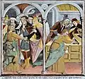 Trahison de Judas pour trente pièces d'argent, fresque de Giovanni Canavesio, chapelle Notre-Dame-des-Fontaines de La Brigue.