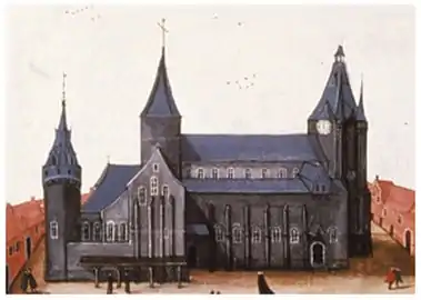 La collégiale, la tour Malvau (ou ronde tour) et la Halle aux Draps au début du XVIIe siècle.