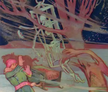 Le squelette de La Corriveau, dans sa cage de fer, terrifiant un voyageur, 1926.