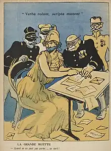 Dessin en couleurs dépeignant l'armée (sous les traits d'Athéna), ballonnée, que des militaires masqués font écrire des lettres de délation.