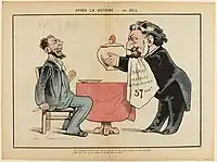 « Après la victoire » : Gambetta sert la soupe au « populo » en l'assurant qu'il peut désormais manger tranquillement puisque les républicains disposent enfin de la majorité au Sénat. Caricature par André Gill dans La Lune rousse, 12 janvier 1879.