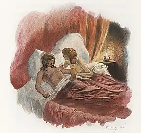 Clarimonde pique le bras de Romuald avec une épingle d'or pour se nourrir de son sang.