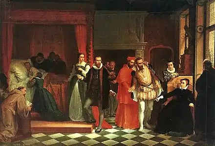 Peinture représentant la mort de François II, allongé dans un lit à baldaquin rouge, entouré de nombreuses personnes