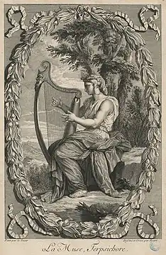 La muse Terpsichore, gravure de Bernard Picart d'après Eustache Le Sueur (XVIIIe siècle).
