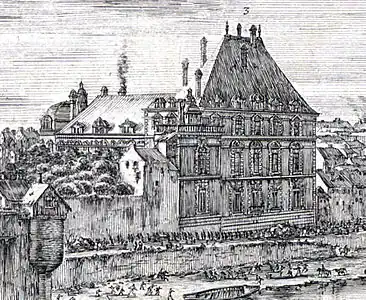 Stefano della Bella, La Perspective du Pont neuf de Paris, détail du pavillon nord de l'hôtel, gravure, 1646, BnF.
