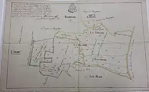 Plan de la seigneurie de la Hallière en 1781, un petit rectangle symbolise l'emplacement de l'ancien château.