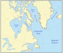 Carte de la mer du Labrador. La mer s'étend au sud  jusqu'à la pointe nord de Terre-Neuve.