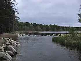 rivière au premier plan avec lac au fond, foret et prairie