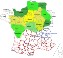 Carte des langues d'oïl. Le saintongeais est très proche du poitevin.