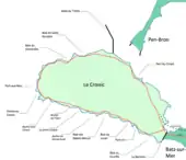 Carte d’une presqu’île avec la typologie du littoral.