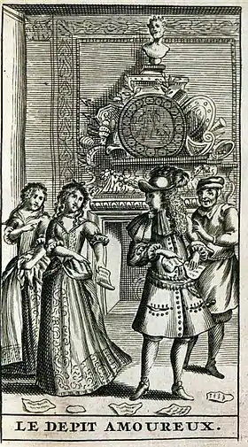 Deux femmes sur la gauche semblent vouloir s'éloigner d'un personnage de marquis derrière lequel se tient un valet.