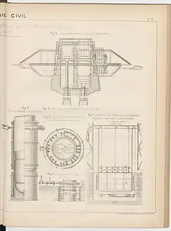 Coupe transversale par l'axe des presses ; piston et presse des sas.