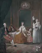 Marius-Pierre Le Mazurier, portrait de la famille Choiseul-Meuse à la Martinique, accompagnée d’une nourrice tenant un enfant dans ses bras (circa 1775).