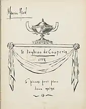Dessin en noir et blanc, signé Ravel, d'une coupe surmontant un drapé.
