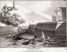 Un angelot tenant à la main le Contrat social réfléchit le soleil vers l'Assemblée, tandis qu'un prêtre, un noble et un militaire font naufrage.