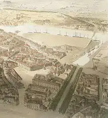 Dessin aérien ancien montrant un port et une île en cours d'urbanisation.