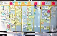 Un kanban avec des feuillets adhésifs sur un tableau blanc.