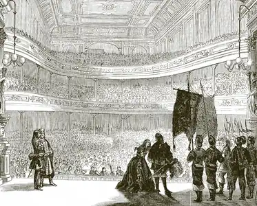 Gravure, scène de théâtre.