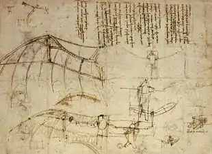 Dessins en noir et blanc sur une page manuscrite représentant plusieurs profils d'ailes en forme d'ailes de chauves-souris.