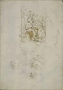 Dessin, dans un cadre rectangulaire d’assez petite taille, d’une jeune femme avec une licorne.